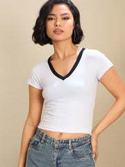 Women White Contrast Deep V-Neck Crop T-Shirt