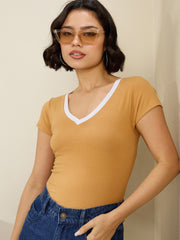 Women Tan Contrast Deep V-Neck Crop T-Shirt
