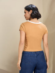 Women Tan Contrast Deep V-Neck Crop T-Shirt