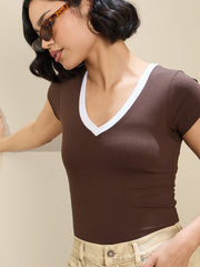 Women Brown Contrast Deep V-Neck Crop T-Shirt