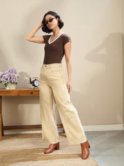 Women Brown Contrast Deep V-Neck Crop T-Shirt