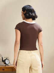 Women Brown Contrast Deep V-Neck Crop T-Shirt