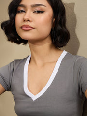 Women Grey Contrast Deep V-Neck Crop T-Shirt