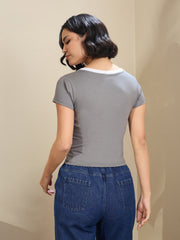 Women Grey Contrast Deep V-Neck Crop T-Shirt