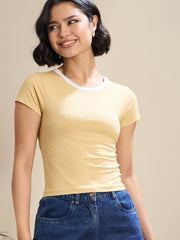 Women Beige Contrast Round Neck Crop T-Shirt
