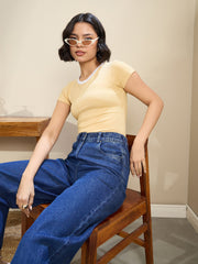 Women Beige Contrast Round Neck Crop T-Shirt