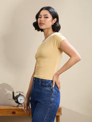 Women Beige Contrast Round Neck Crop T-Shirt