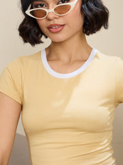 Women Beige Contrast Round Neck Crop T-Shirt