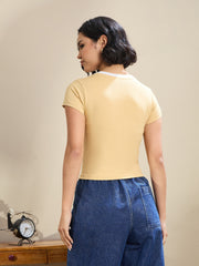 Women Beige Contrast Round Neck Crop T-Shirt