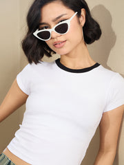 Women White Contrast Round Neck Crop T-Shirt