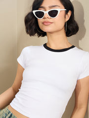 Women White Contrast Round Neck Crop T-Shirt