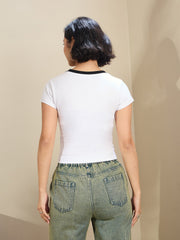 Women White Contrast Round Neck Crop T-Shirt