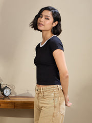 Women Black Contrast Round Neck Crop T-Shirt