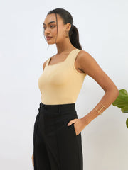 Women Beige Rhombus Neck Sleeveless Bodysuit