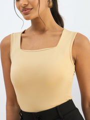 Women Beige Rhombus Neck Sleeveless Bodysuit