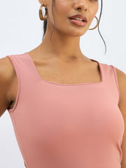Women Pink Rhombus Neck Sleeveless Bodysuit