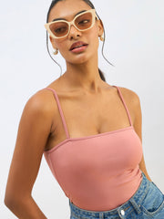 Women Pink Strappy Knitted Bodysuit