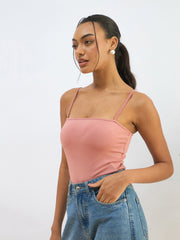 Women Pink Strappy Knitted Bodysuit