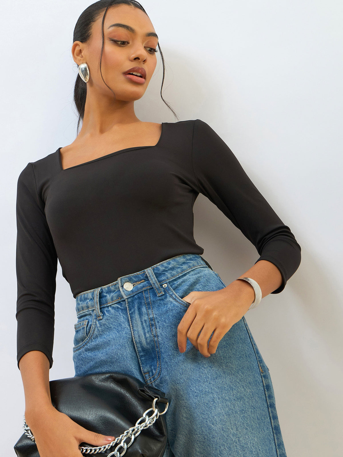 Women Black Square Neck Knitted Crop Top