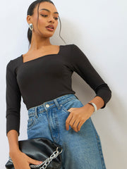 Women Black Square Neck Knitted Crop Top