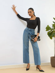 Women Black Square Neck Knitted Crop Top