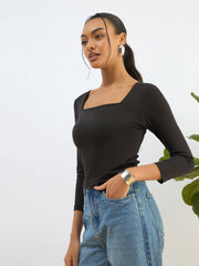 Women Black Square Neck Knitted Crop Top