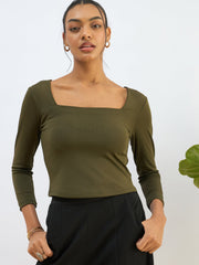 Women Olive Square Neck Knitted Crop Top