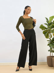 Women Olive Square Neck Knitted Crop Top