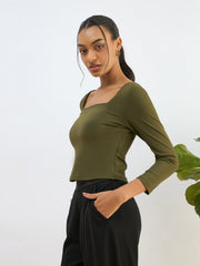 Women Olive Square Neck Knitted Crop Top