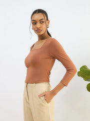 Women Rust Square Neck Knitted Crop Top