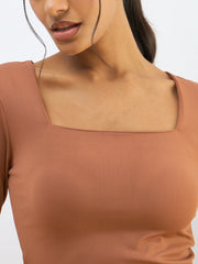 Women Rust Square Neck Knitted Crop Top