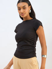 Women Black Knitted Short Sleeve Ruched Crop Top