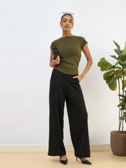 Women Olive Knitted Short Sleeve Ruched Crop Top