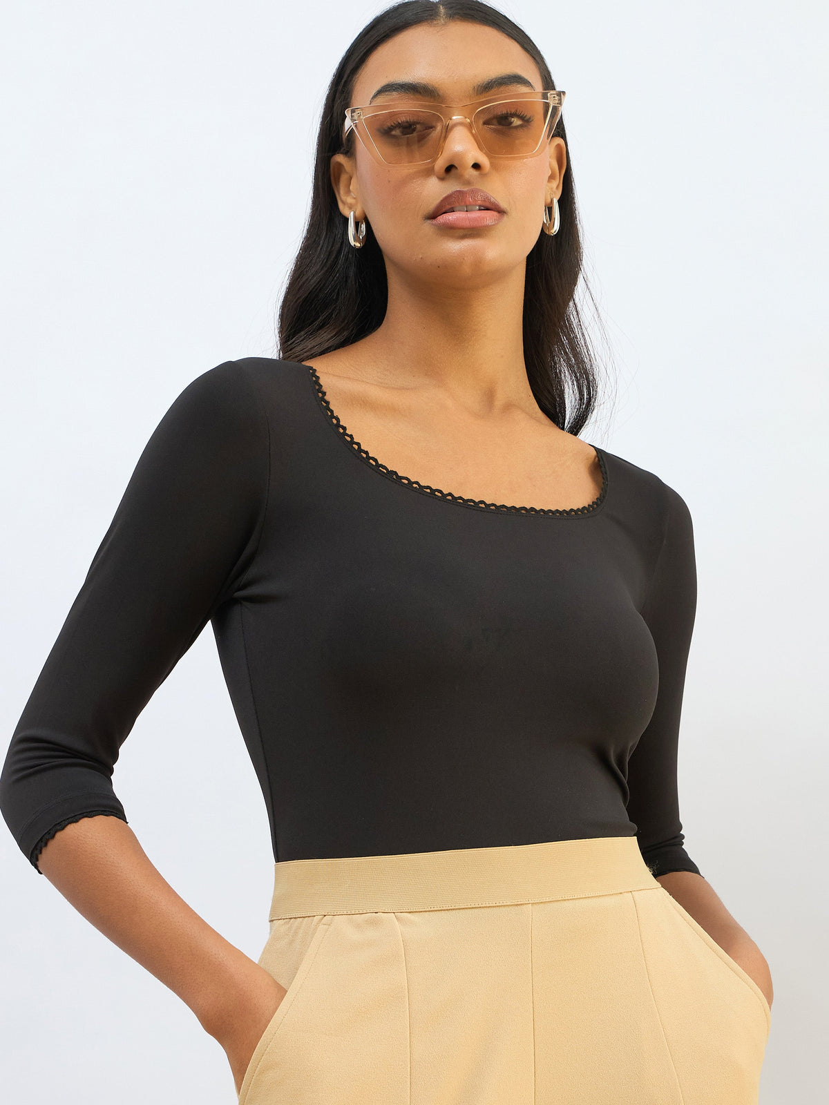 Women Black Knitted Lace Detail Crop Top