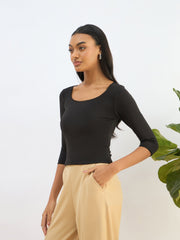 Women Black Knitted Lace Detail Crop Top