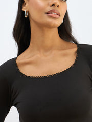 Women Black Knitted Lace Detail Crop Top
