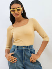 Women Beige Knitted Lace Detail Crop Top