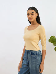 Women Beige Knitted Lace Detail Crop Top