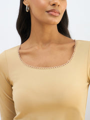 Women Beige Knitted Lace Detail Crop Top