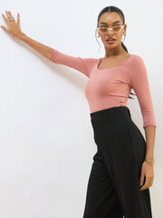 Women Pink Knitted Lace Detail Crop Top