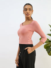 Women Pink Knitted Lace Detail Crop Top