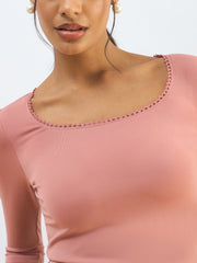 Women Pink Knitted Lace Detail Crop Top