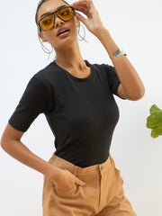Women Black Rib Short Sleeves Top
