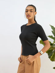 Women Black Rib Short Sleeves Top