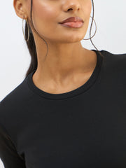 Women Black Rib Short Sleeves Top