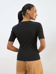 Women Black Rib Short Sleeves Top