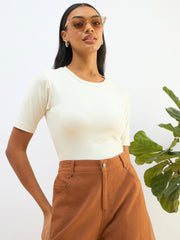 Women White Rib Short Sleeves Top