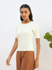 Women White Rib Short Sleeves Top