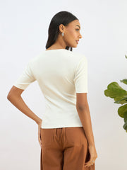 Women White Rib Short Sleeves Top