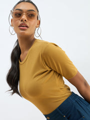 Women Khaki Rib Short Sleeves Top